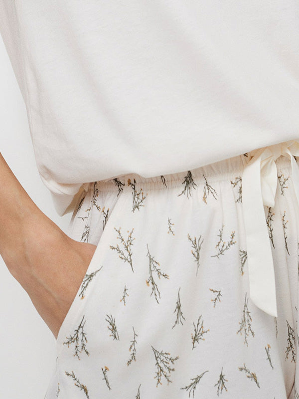 Aruelle medvilnės ir modalo pižama "Dulce Short Cream - Green Floral Print"