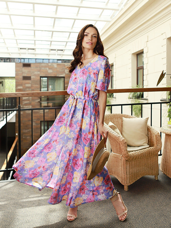 Lega maxi viskozinė suknelė "Indila Violet - Rose Flower Print"