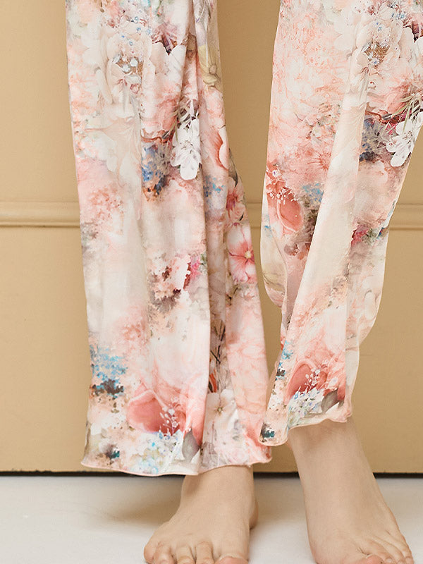 Lega atlasinė pižama su ilgomis kelnėmis "Zelda Light Pink Flower Print"