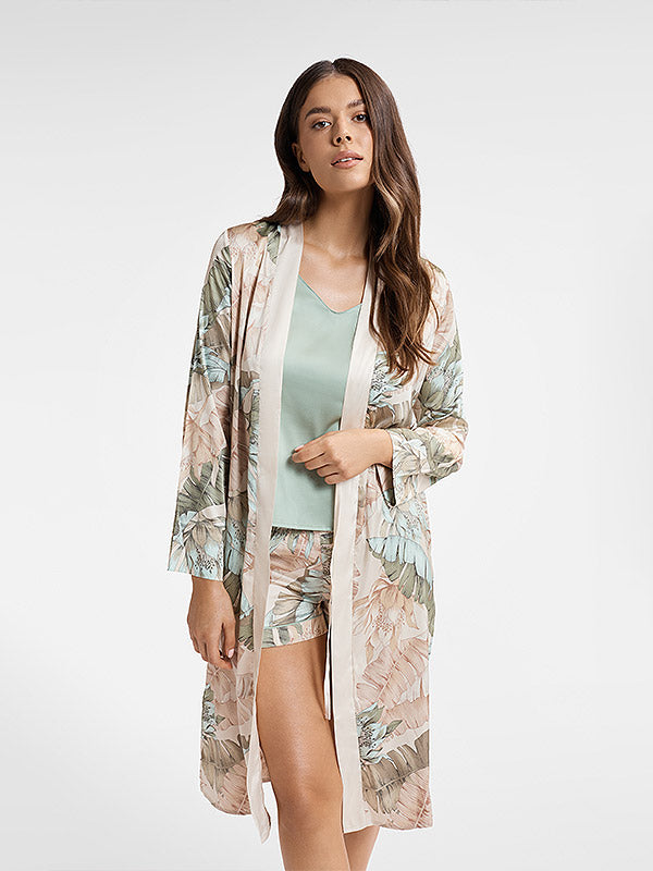 Esotiq atlasinis chalatas "Ciao Beige - Multicolor Flower Print"