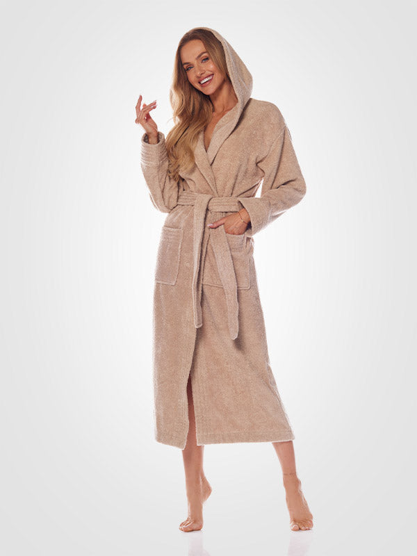 L&L ilgas medvilninis chalatas su gobtuvu "Katerina Beige"