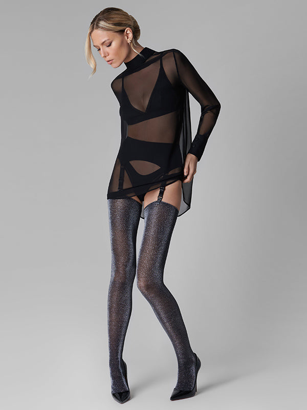 Maison Close metalo blizgesio prisegamos kojinės "Lurex 20 Den Black - Silver"