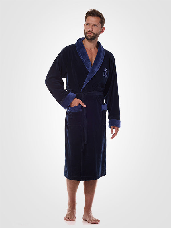 L&L medvilninis vyriškas chalatas "Diego Dark Blue Velour"